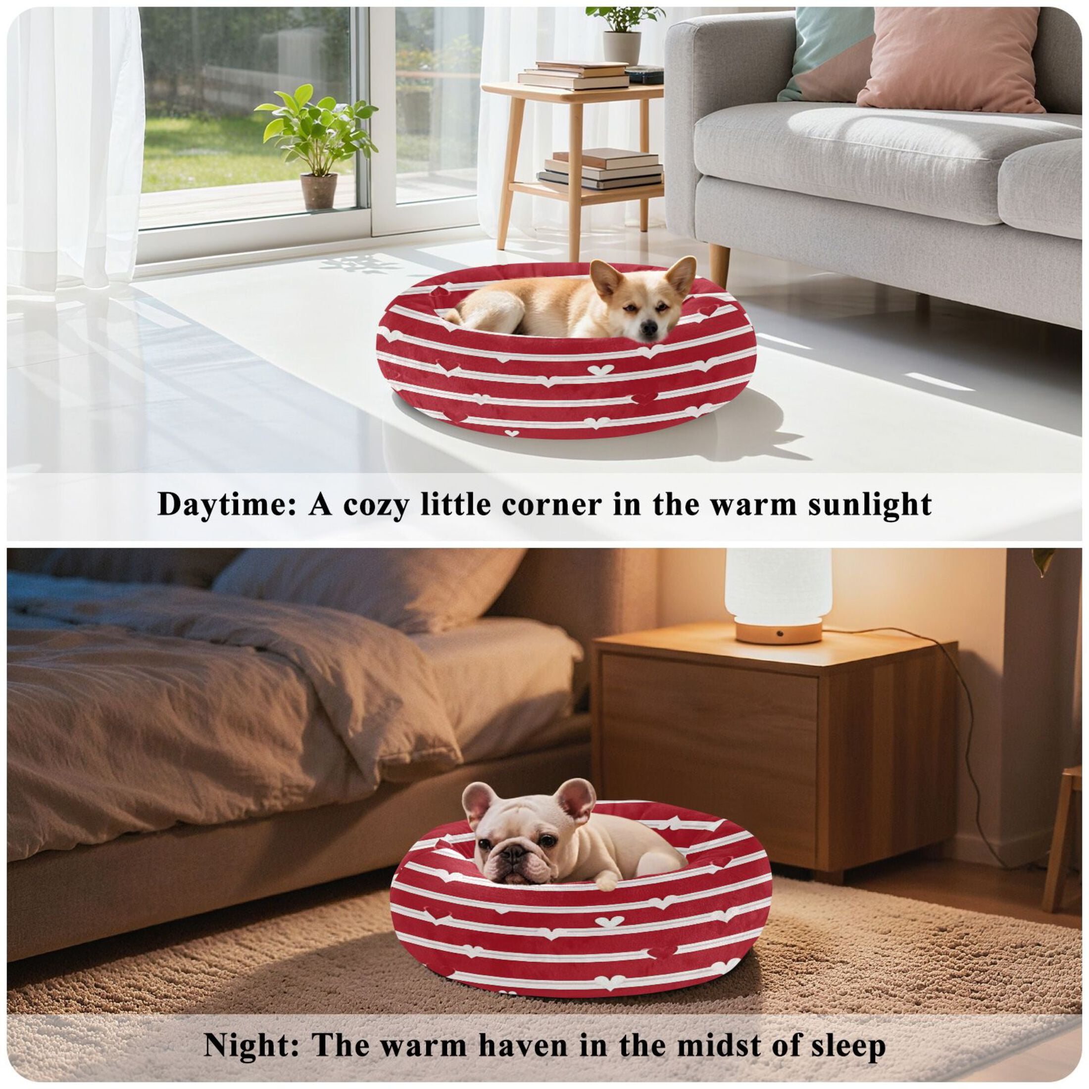 Iauyy Pet Couch Donut Cat Bed for Indoor Cats/Small Dogs Washable & Machine with Non-slip Bottom Calming Cat Furniture, Red and White (M)