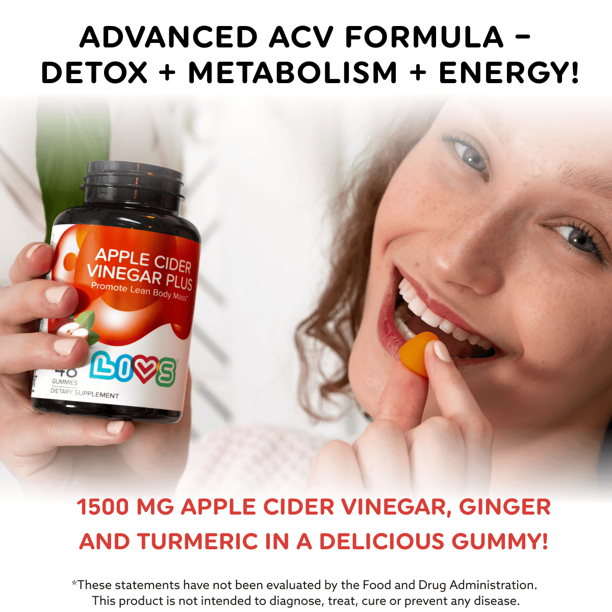 LIVS Apple Cider Vinegar Gummies with Organic Ginger, Turmeric, Probiotics, 48 Count