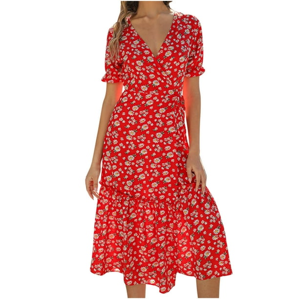 Vestido Bohemio Floral Vestido de Gasa Vestido de Manga Corta Con Cuello en Vvestido Casual de Mujer Con Cuello en V Gasa Floral Boho Vestido de Playa de Manga Corta Odeerbi ODB114067