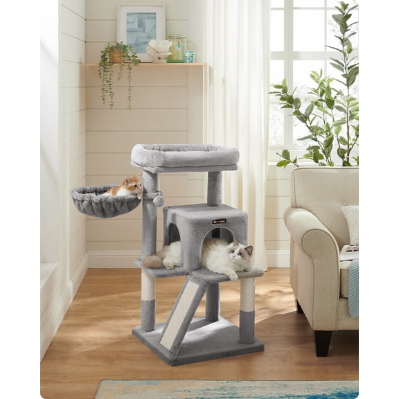 Feandrea Árbol de Gatos, Torre para Gatos Grandes, con Plataforma Grande, 2 Puertas, Pompón, Gris Claro