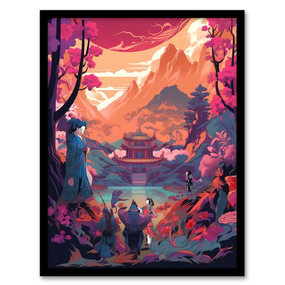 Traditional Kabuki Theatre Performance Scene Painting Vivid Pink Purple Orange Blue Temple in Dramatic Japanese Mountain Lake Landscape Art Print Framed Poster Wall Decor 12x16 inch