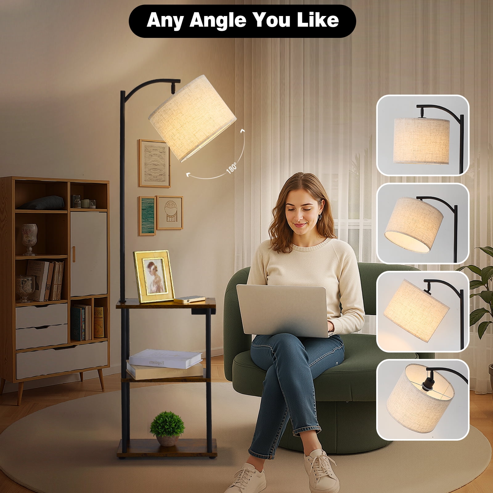 JOPESO Floor Lamp with Table, End Table for Living Room with Lamp & Charging Station(USB & Type-C & AC Port), 3 Color Temperatures LED Bulb