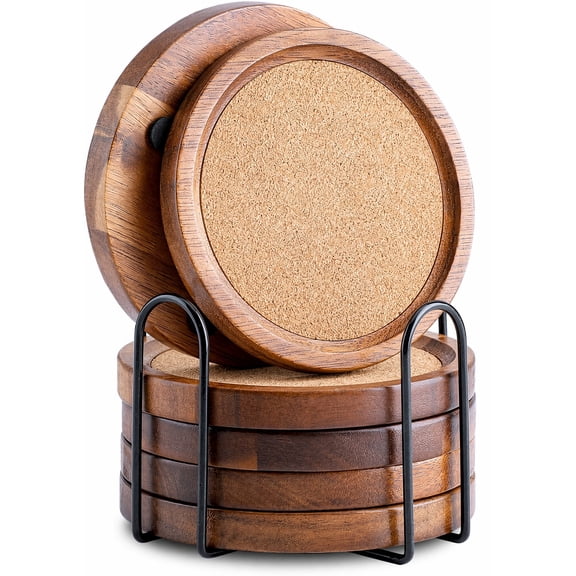 3.94in Wood Cork Coasters for Drinks Absorbent Set of 6 with Holder, Rustic Farmhouse Acacia Wooden Coaster for Coffee Table Desk Protection