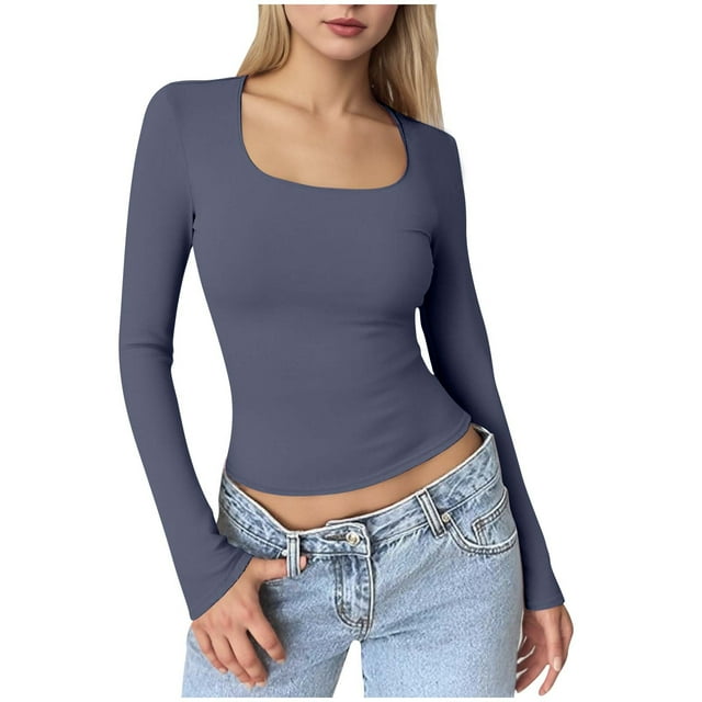BLVB Womens Square Neck Basic Long Sleeve T Shirt Slim Fit Base Layer Tees Fall Going out Crop Tops Cute Tight Shirts