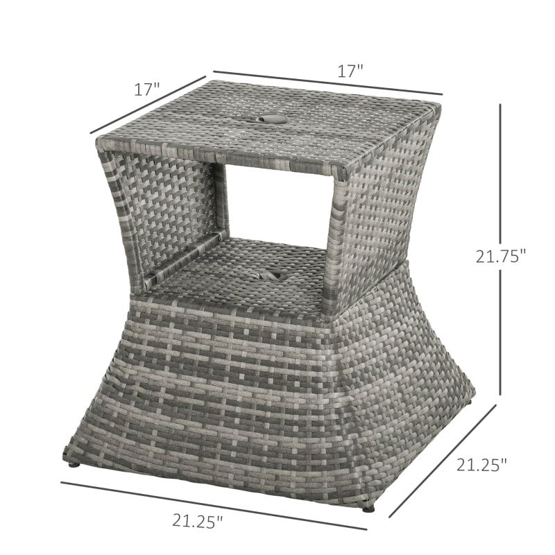 HOQBN Outdoor Side Table with Umbrella Hole, 2 Tier Rattan Wicker End Table with Storage Shelf, All Weather for Patio, Garden, Backyard, Mixed Gray