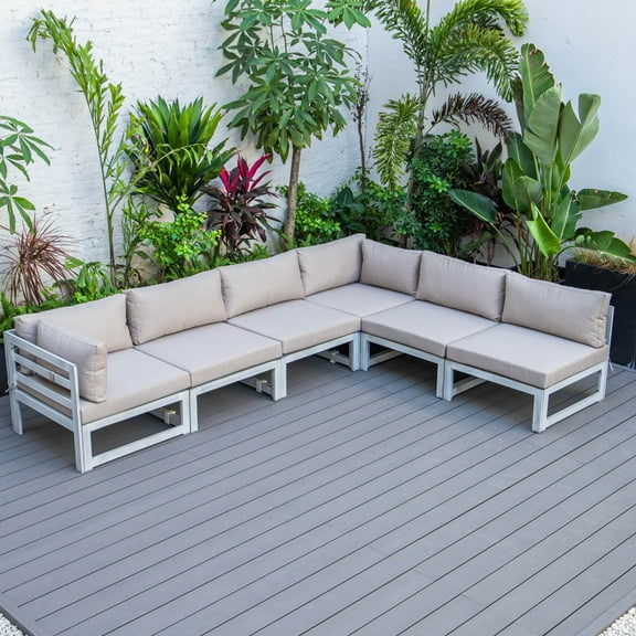 LeisureMod 6-Piece Patio Sectional in Weathered Grey Aluminum Frame with Removable Cushions and Ties for Modern Home, Backyard, Garden Chelsea Collection, Orange