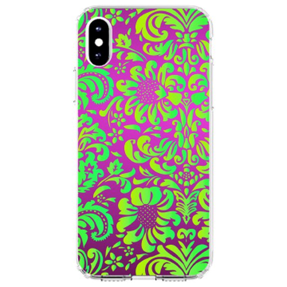 DistinctInk Clear Shockproof Hybrid Case for iPhone X / XS (5.8" Screen) - TPU Bumper, Acrylic Back, Tempered Glass Screen Protector - Purple Green Floral Pattern