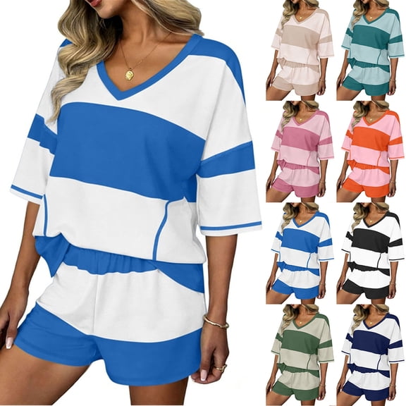 VBVC Women's Color Block Striped 2 Piece Set, V-Neck Top and Elastic Waist Shorts For Women, Ladies'Summer Loungewear with Pockets,Beige,S-2XL