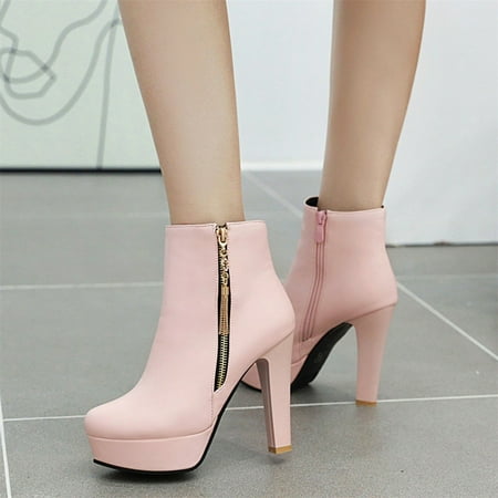 

Women Boots Side Zip Ankle Bare Boots Square Heel Platform Casual Middle Tube Booties