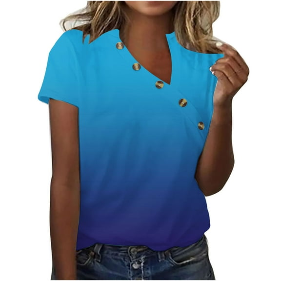 Raeneomay Button Down Shirts for Women Fashion Women Summer Print V-Neck T-Shirt Short Sleeve Casual Blouse Tops