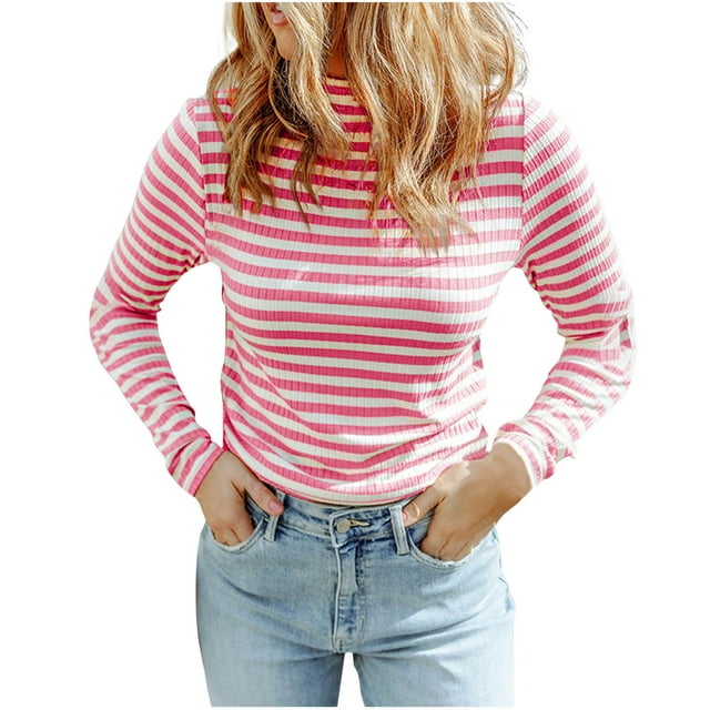Blouse Décontractée à Manches Longues pour Femmes, Col Roulé Imprimé, Haut en Tricot Rayé, Tenue Basique Confortable pour l'Automne et l'Hiver