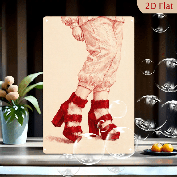 8x12 Inch Metal Wall Art Fashion Illustration of Red Platform Heels with Faux Fur Straps and Pink Trousers, Vintage Style Pop Art Decor for Home