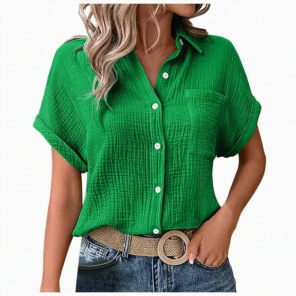 ORT Womens Short Sleeve Shirts V Neck Collared Button up Shirt Top Blouses with Pocket(Green,M)