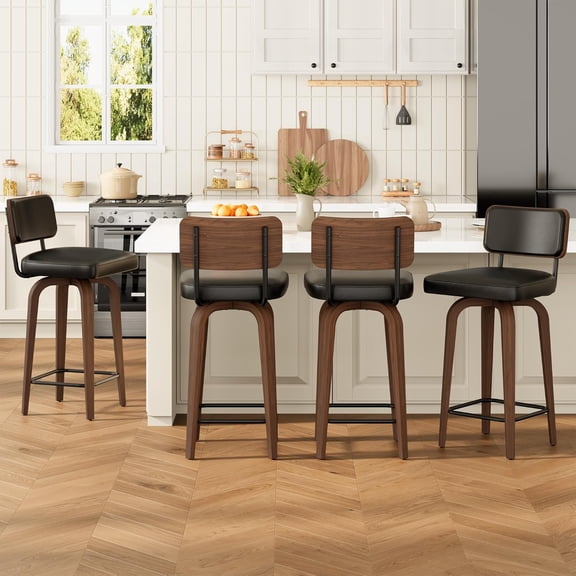 Swivel Bar Stools Set of 4, 26" Upholstered Counter Height Bar Stools with Back and Walnut Wood Legs, Larger Cushion Size 18.3"*17.5", Faux Leather Barstools for Kitchen Counter, Black