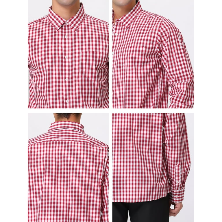 Unique Bargains Men s Plaid Button Down Long Sleeves Dress Checkered Shirts XL Red White