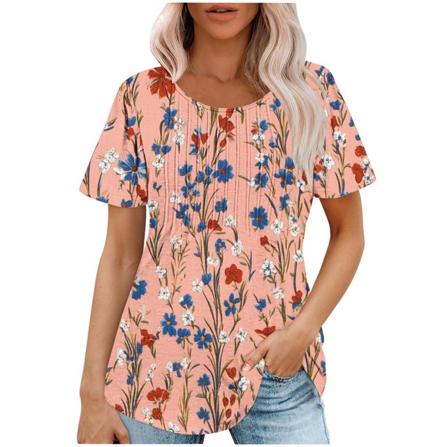 Staron Hauts d'Été pour Femmes en Liquidation à Moins de 5 $ T-shirt d'Été Décontracté à Col Rond Manches Courtes Tendance Ample Basique Chic Chemises Plissées