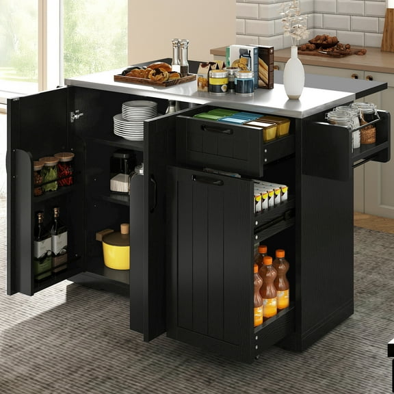 Craftian Kitchen Island Table with Stainless Steel top & Storage, Kitchen Island with Drop Leaf, Black