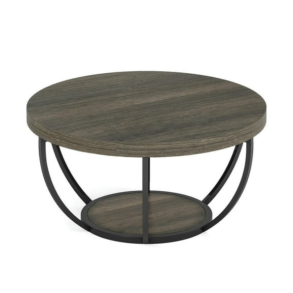 Yardi Yarda Wooden Coffee Table, 2-Tier Round Central Cocktail Table with Shelves, Brown