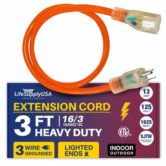 3ft Power Outdoor Extension Cord & Indoor - Waterproof Electric Drop Cord Cable - 3 Prong SJTW, 16 Gauge, 13 AMP, 125 Volts, 1625 Watts, 16/3 ETL Listed by LifeSupplyUSA - Orange (1 Pack)
