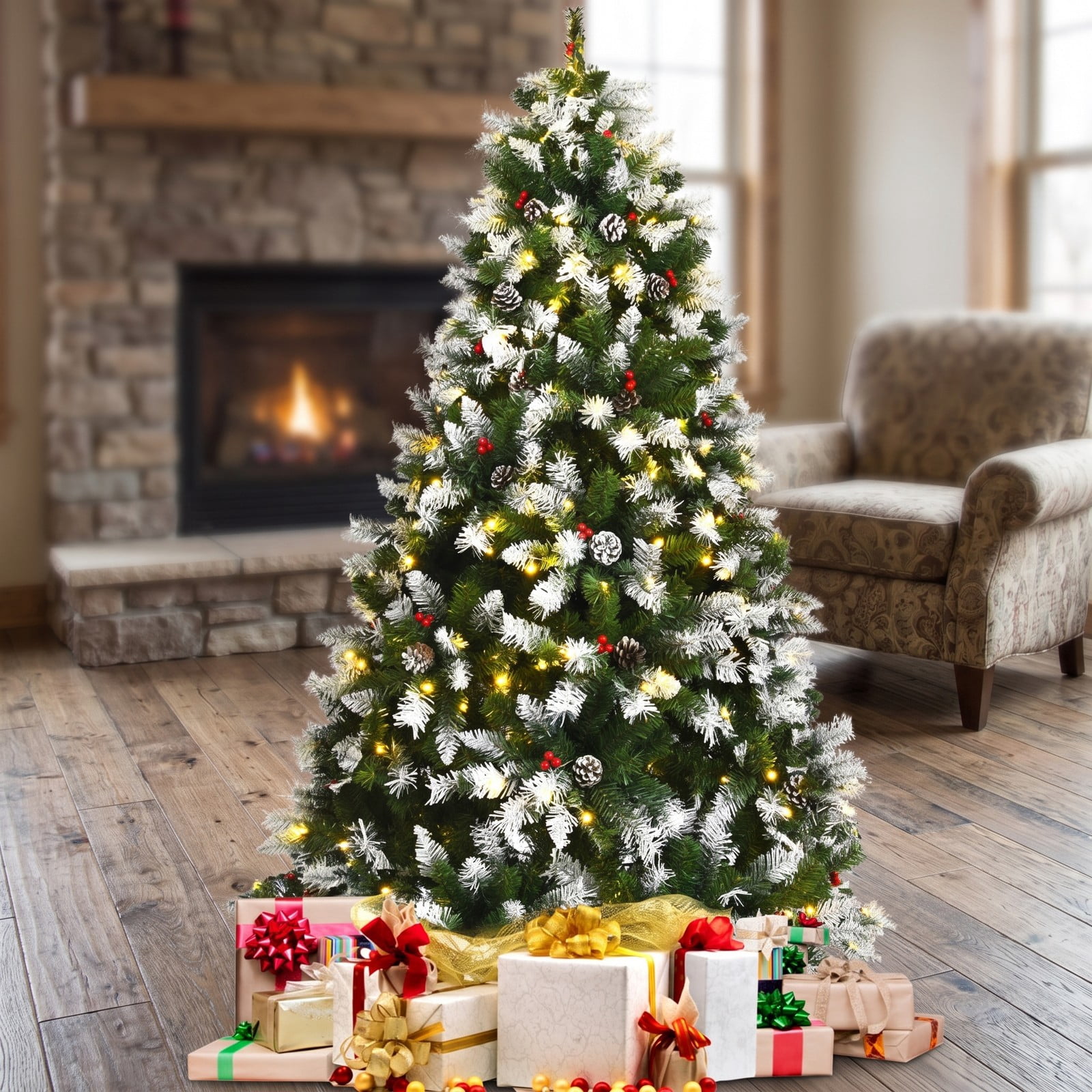 RUIE 6 ft Pre-Lit Snow Flocked Artificial Christmas Tree with Red Berries, Pinecones and 250 Warm White LED Lights, Hinged Full Xmas Tree with Metal Stand for, Green