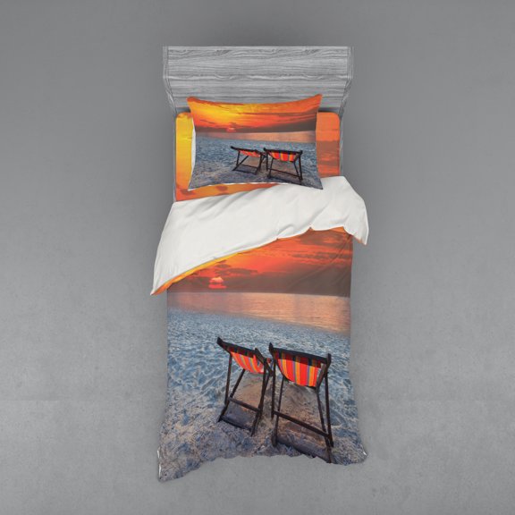Ambesonne Nature Bedding Set 3 Pcs, Beach with Colorful Sky, Twin, Orange Red Grey