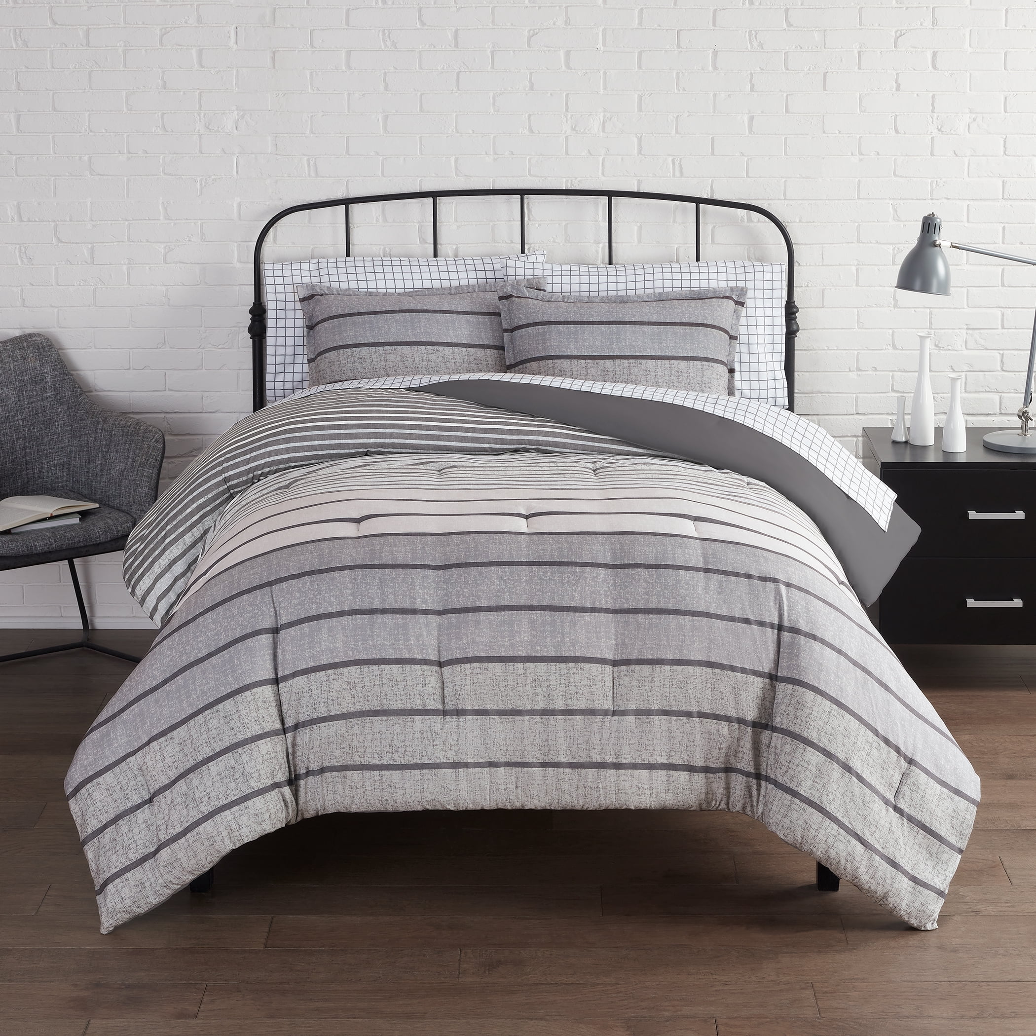Serta Simply Clean Conrad Dark Grey Variegated Stripe Antimicrobial Bed in a Bag, King (7-Piece)