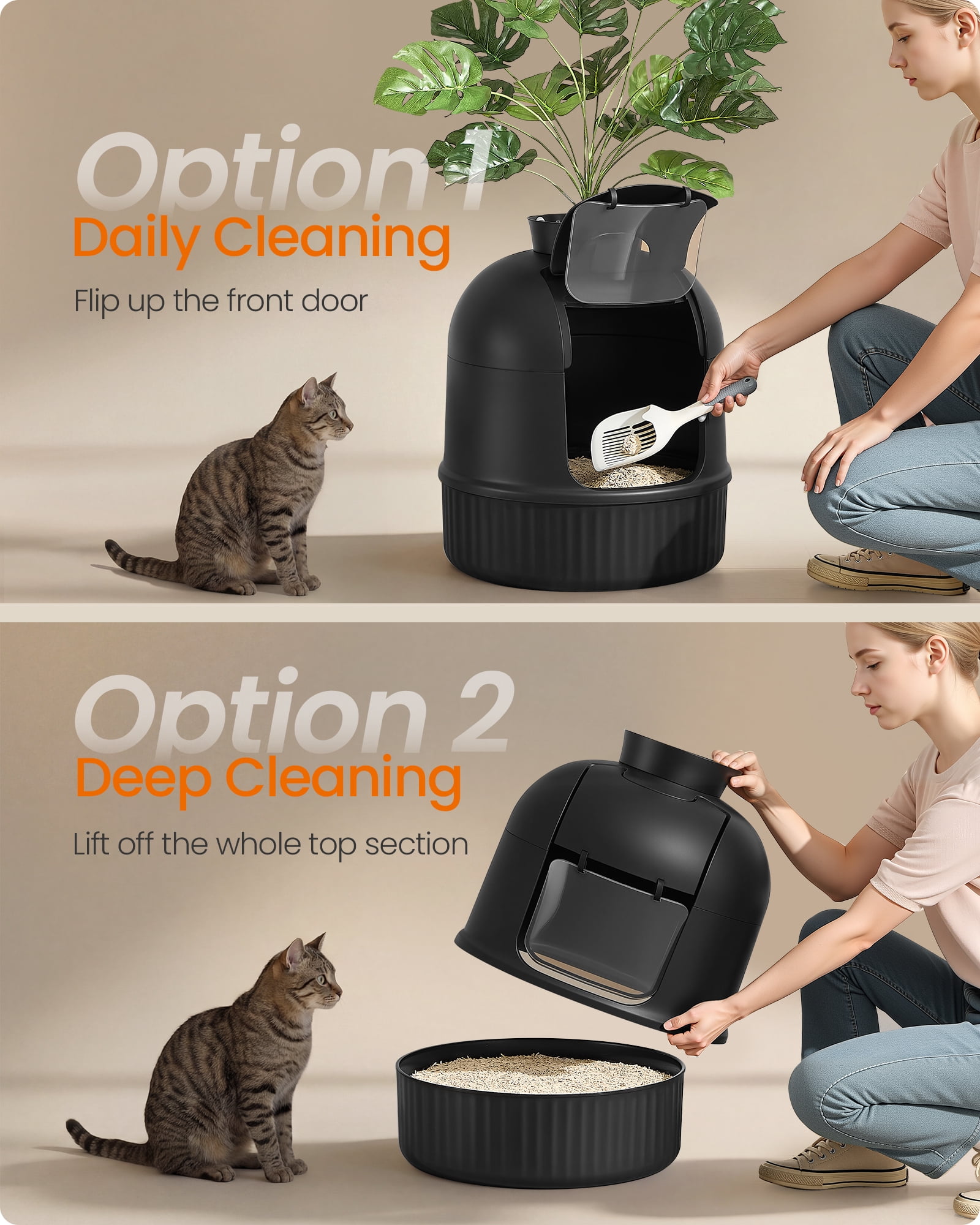 Feandrea Plant Cat Litter Box Enclosure with Artificial Plant, Enclosed Hidden Litter Box Furniture with Door, Pebbles, Scoop, Brush, Ink Black