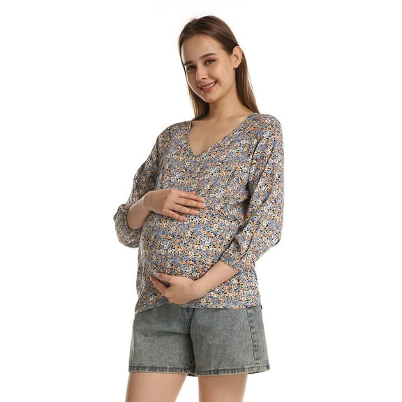YanHong Nursing Tops Cotton Ladies V Neck Pregnant Women Long Sleeve Small Floral Breastfeeding Top Wear Blue S