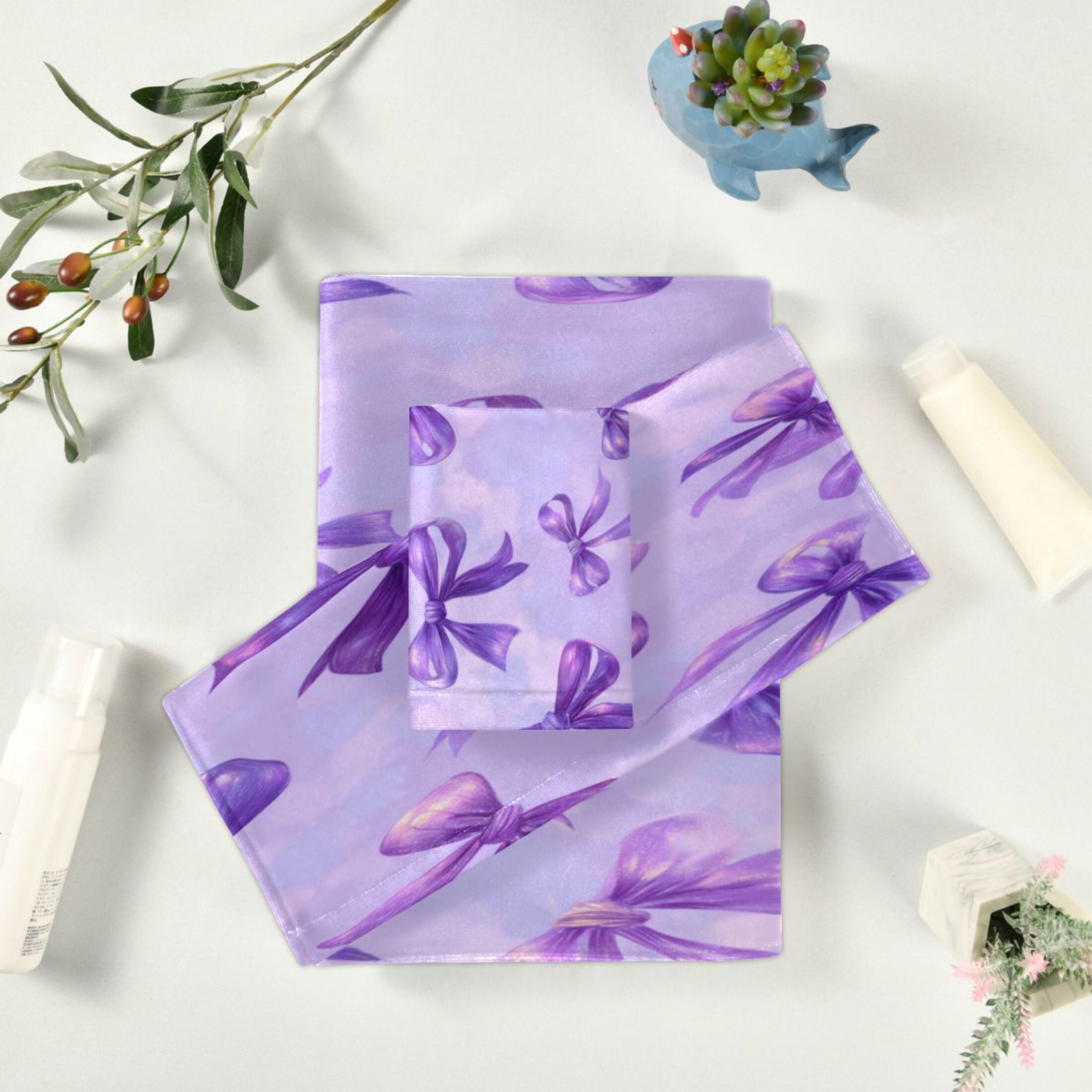 3 Sizes of Towel Sets Including Bath Towel Hand Towel and Washcloth for Daily Use Vibrant Purple Bows Pattern