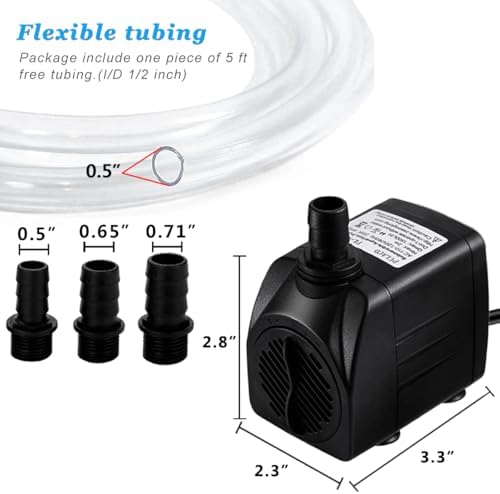 400GPH Submersible Pump with 5 ft Tubing, (1500L/H 25W) durable fountain water pump for Pond Fountain, Aquariums Fish Tank, Statuary, Hydroponics