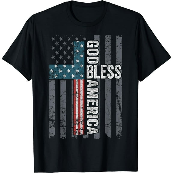 God Bless America - Patriotic Christian Cross USA Flag T-Shirt