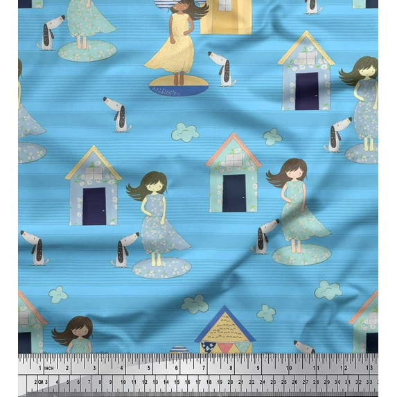 Soimoi Blue Cotton Voile Fabric House,Dog & Girl Cartoon Print Fabric by the Yard 56 Inch Wide