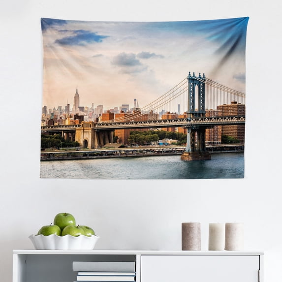 New York Tapestry, Cityscape of Brooklyn Bridge and Manhattan River Center of Culture Photo, Fabric Wall Hanging Decor for Bedroom Living Room Dorm, 2 Sizes, Multicolor, by Ambesonne