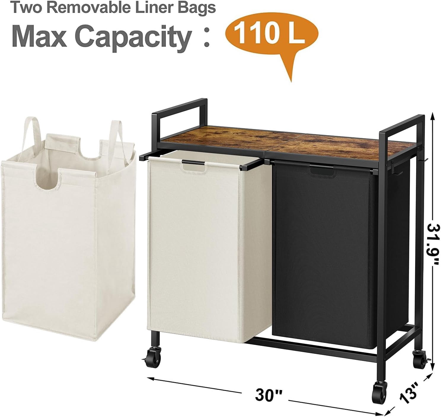 Double Laundry Hamper with Lid,Rolling Laundry Basket Organizer with Wheels, Iron-Made Laundry Sorter with Top Shelf and 2 Removable Bags,Large Clothes Storage for Room,Black and Beige