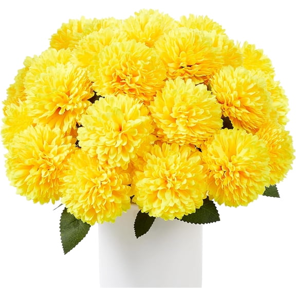12 Pcs Yellow Artificial Chrysanthemums Flowers Ball Flower Fake Mums Silk for Fall Thanksgiving Day Wedding Home Kitchen Decoration Floral Arrangement