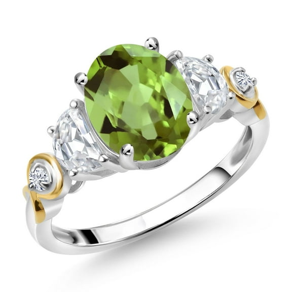 Gem Stone King 925 Silver and 10K Yellow Gold 3-Stone Ring Oval Green Peridot and Moissanite (2.60 Cttw, Size 9)