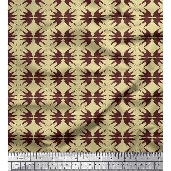 Soimoi Beige Silk Fabric Flying Stork Bird Print Sewing Fabric Yard 42 Inch Wide