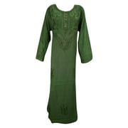 Mogul Maxi Dresses Stonewashed Embroidered  Green Button Front Casual Long Dress