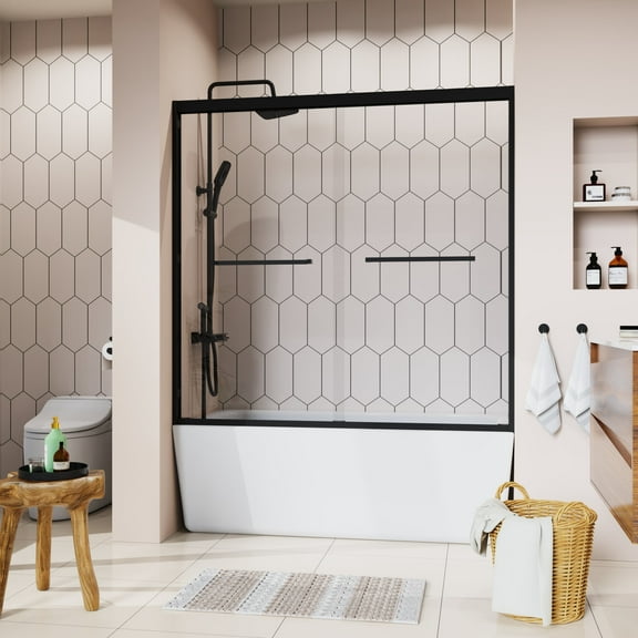 Double Sliding Bathtub Shower Doors 56-60 in. W x 58 in. H, Framed Glass Shower Door For Tub with SGCC Clear Tempered Glass, Matte Black, ACE