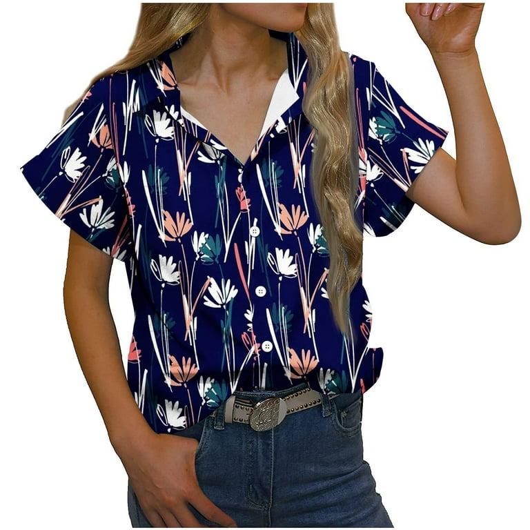 YYDGH Womens Casual Short Sleeve Button Down Shirts Summer Cotton Solid  Color Top Blouses with Pockets Dark Blue XL 