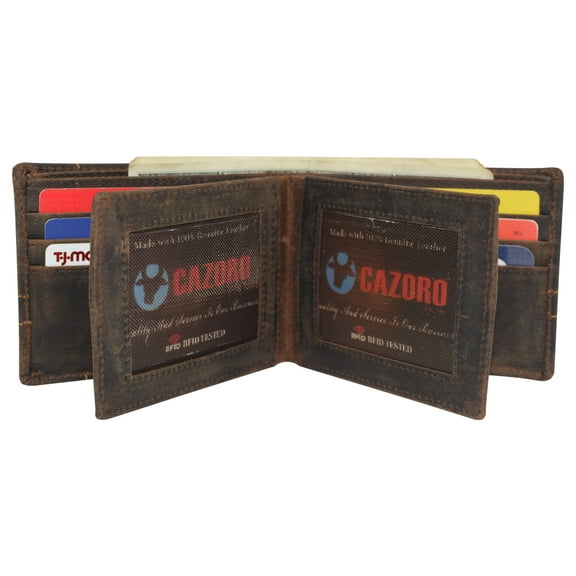 CAZORO Wallets For Men RFID Blocking Vintage Leather Large Bifold Double ID Window Wallet With Box