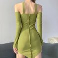 thumbnail image 5 of Douhoow Women Ribbed Dress Summer Long Sleeve Off Shoulder Neck Hanger Solid Color One Piece Dress, 5 of 9