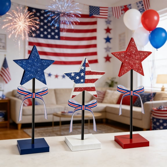 Kbndieu 3 Pcs 4th of July Table Decorations, Patriotic Tiered Tray Decor Wooden Star Set, Red White Blue Stars Rustic Memorial America Independence Day Stand for Mantel Shelf Tabletop Home Decor