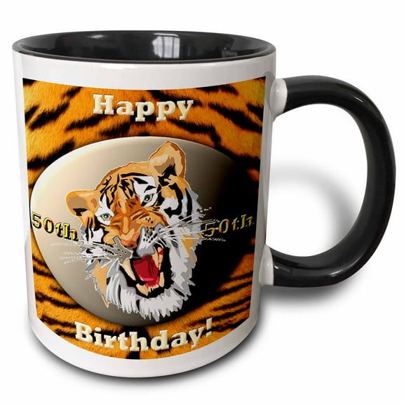 3drose, Tiger Happy 50th Birthday, 15oz Two-tone Black Mug