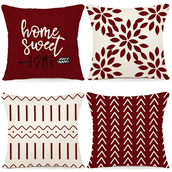 Juego de 4 fundas de almohada YCOLL de lino rojo vino, 55 x 55 cm