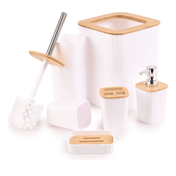 Set Juego Baño Goral Accesorio Accesorios Para Baño Baños 6 Piezas De Plastico Y Bambu Xtellar blanco