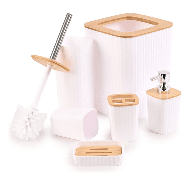 Set Juego Baño Goral Accesorio Accesorios Para Baño Baños 6 Piezas De Plastico Y Bambu Xtellar blanco