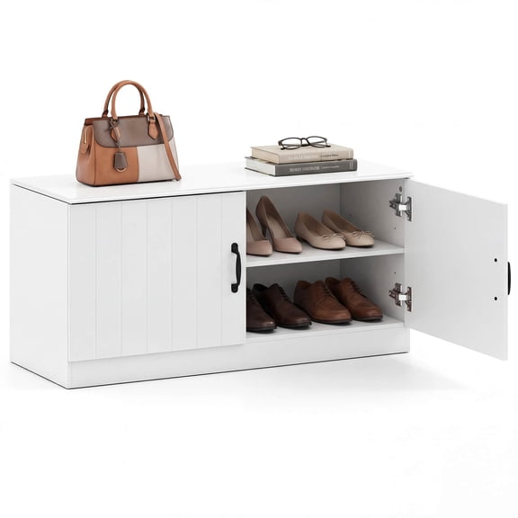 Costway 2-Door Shoe Bench with Adjustable Shelves, Hidden Storage Space for Hallway White