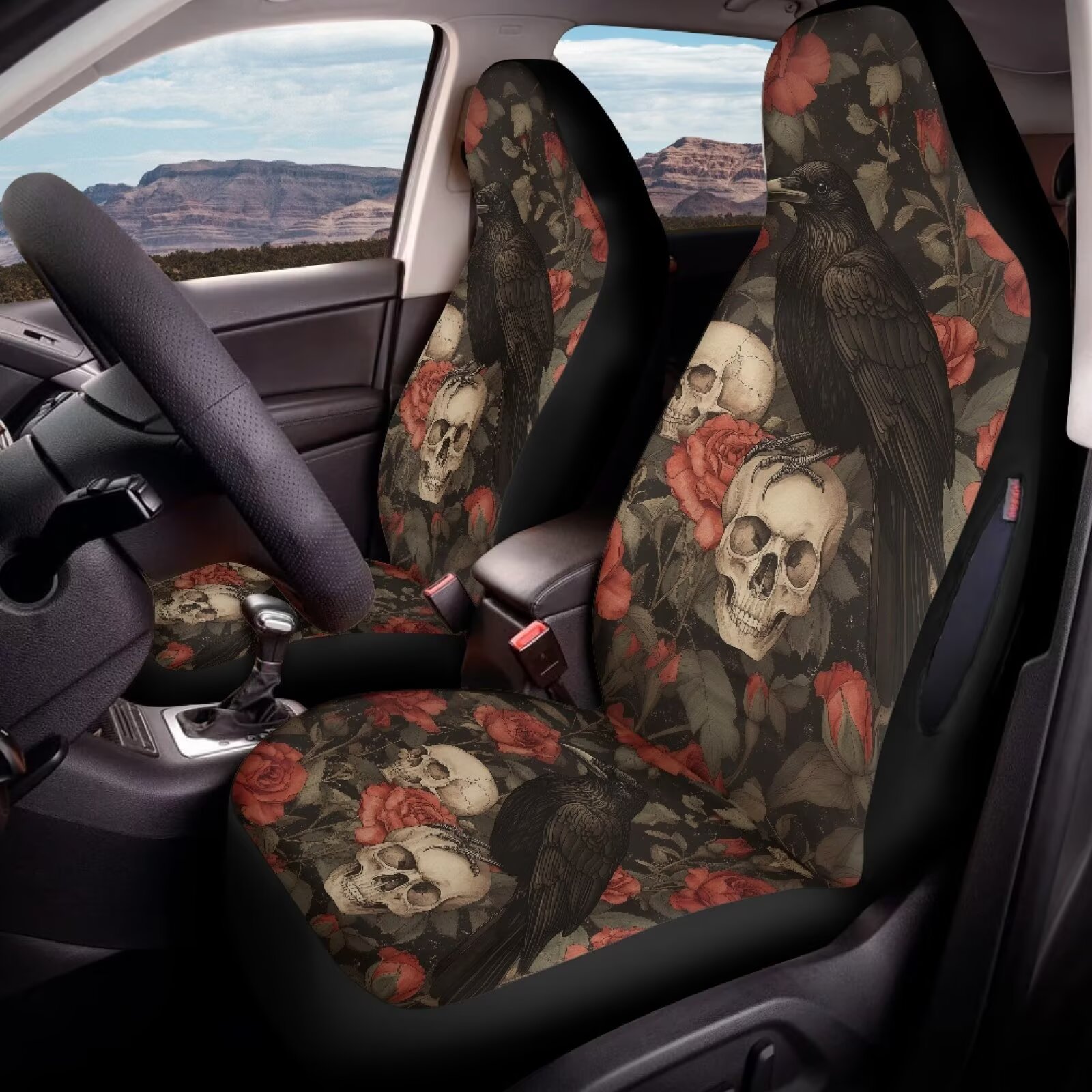Binienty Halloween Waterproof Auto Seat Covers Black Crow Red Rose Skull Car Front Seat Covers 2 Pack Universal Automitive Bucket Protector Washable Car Interior Accessories, Airbag Compatible