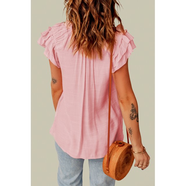 ABPHQTO Top rosa con escote en V y cordón con volantes en capas para mujer